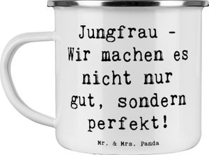 Mr. & Mrs. Panda Camping Emaille Tasse Spruch Jungfrau Perfektion - Weiß - Geschenk, Sternzeichen, Organisation, Metall Tasse, Jungfrau Sternzeichen, Tasse Camping