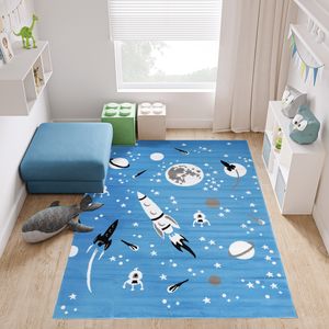Teppich Kinderzimmer Wohnzimmer Schlafzimmer Kurzflor Modern Design Blau Grau Weiß Raketen Planeten Kinderteppich  160 x 220 cm