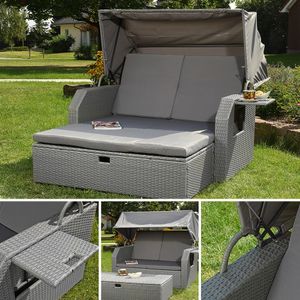 Strandkorb Grau Sonnendach Sonnenliege Sonnenbett Polyrattan Lounge Gartenmöbel