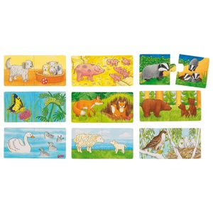 goki 57463 Minipuzzle Wer gehört zu wem? 14 x 7 x 0,3 cm, Holz, 18-teilig, 9 Motive, bunt (1 Set)