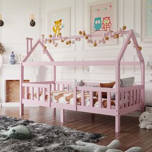 Sweiko Kinderbett 90x200 cm, Babybett mit Schornstein & Robuste Lattenroste, Kiefernholz Haus Bett for Kids, Hausbett für Mädchen, ohne Matratze, Rosa