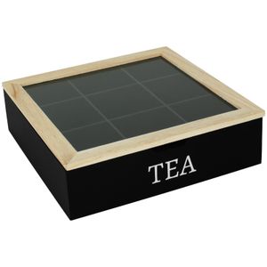 Teekiste 9 Fächer mit Eingriff TEA schwarz Teebox Tee Dose Kiste Teekasten Teedose Teebeutelbox Teebeutelkiste