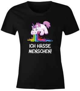 Damen T-Shirt Spruch Ich hasse Menschen kotzendes Einhorn Frauen Fun-Shirt lustig Moonworks® schwarz M