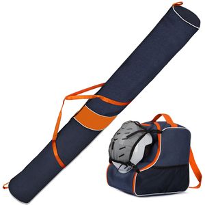 Premium SET Skitasche und Skischuhtasche für 1 Paar Ski-Stöcke-Schuhe-Helm mit abnehmbarer Netztasche Blau Orange