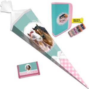itenga Schultüte 85cm mit Mäppchen (gefüllt) und Brustbeutel Set PFERDE