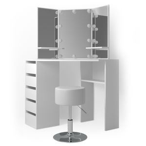 Vicco Rohový toaletní stůl Arielle, 110 cm s LED osvětlením a taburetem, Bílá
