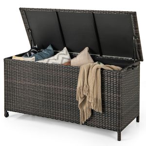 COSTWAY 320L Auflagenbox mit Rollen, Polyrattan Kissenbox, Gartenbox wasserdicht, UV-beständig, Gartentruhe 137x56x64cm