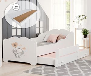 Mädchenbett mit Ausziehbett Kinderbett Funktionsbett 80x160 mit zwei Matratzen & Rausfallschutz in weiß mit Elefant Motiv