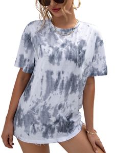 Damen Batik Rundhals Kurzarm Freizeit T-Shirt Pullover Top,Farbe: Grau,Größe:L