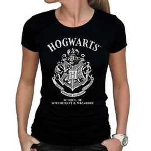 Harry Potter Damen T-Shirt (Girlie): Hogwarts Wappen (schwarz) L