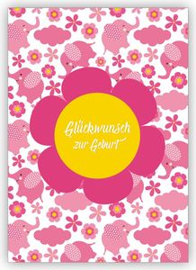 Niedliche Retro Babykarte für Mädchen mit Elefanten und Blümchen in rosa: Glückwunsch zur Geburt