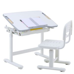 Kinderschreibtisch mit Stuhl TUTTO in weiß/weiß höhenverstellbar und neigbar mit Schublade und Stifterinne, Schreibtisch höhenverstellbar für Kinder, Tisch mit neigbarer Arbeitsfläche mit Rucksackhalt