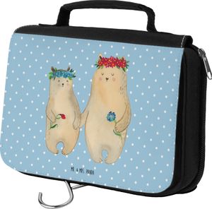 Mr. & Mrs. Panda Kulturbeutel Bären mit Blumenkranz - Blau Pastell - Geschenk, Mama, Kosmetiktasche, Muttertag, Kosmetikbeutel, Familie, Schminkutensil, Kinder, Papa