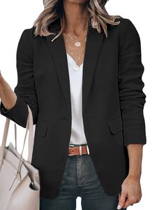 Damen Langarm Business Cardigan Jacken Blazer Casual Einfarbiger Longblazer mit Taschen Schwarz, Größe L