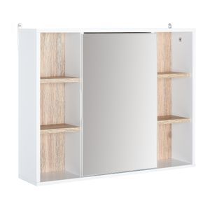 HOMCOM Spiegelschrank Badschrank Hängeschrank Badmöbel Wandschrank Mehrzweckschrank, Spanplatte+MDF, Weiß + Natur 60 x 14,5 x 49,4 cm