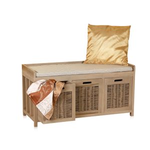 Melko Sitzbank-Kommode mit Stauraum 3 Weidekörben in beige aus Holz Sitzkommode mit Auflage Truhenbank 90 x 45 x 34 cm