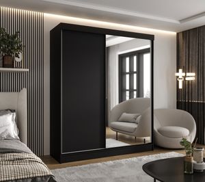 CASPIAN 24 Kleiderschrank Schwarz Garderobenschrank mit Spiegel ohne Schubladen -  110x205 CM
