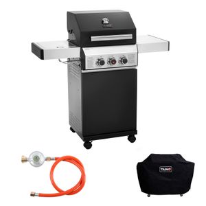 TAINO BLACK 2+1 Gasgrill-Set Haube Regler Gasgrill mit Seitenbrenner Gusseisen-Rost Gasgrill 2 Brenner Standgrill Matt Schwarz