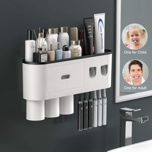 Automatický dávkovač zubní pasty Nástěnný držák zubních kartáčků do koupelny, 3 magnetické kelímky, 6 přihrádek na zubní kartáčky, 1 zásuvka na kosmetiku, černý