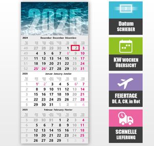 3 Monatskalender 2025 mit Datum Schieber – Wandkalender 30 x 49 cm, Wandplaner 3 Monate Übersicht, Kalender 25, Monats Planer, KW-Wochen, Motiv: Meer 3 Monatskalender 2025 mit Datum Schieber – Wandkalender 30 x 49 cm, Wandplaner 3 Monate Übersicht, Kalender 25, Monats Planer, KW-Wochen, Motiv: Meer