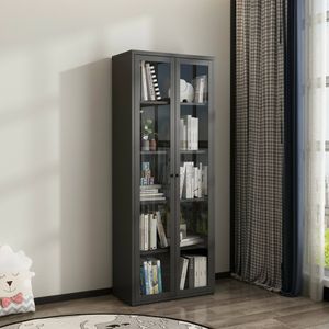 Vitrine Mango, Glas-Sideboard, Mehrzweckvitrine, Hängendes BÃ1/4cherregal mit GlastÃ1/4ren, 70x35 h180 cm, Schiefer