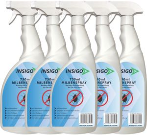 INSIGO 5x750ml Anti-Milbenspray, Mittel gegen Milben Milbenbefall  Milbenfrei Schutz gegen Eier auf Wasserbasis, fleckenfrei, geruchlos, mit Schnell- & Langzeitwirkung frei EX