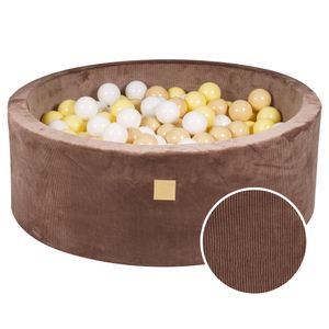 MeowBaby® Runder Ballpool mit Bällen 7 cm für ein Kind, 90x30 cm/200 Bälle, Cord-Cord-Velours, Schokolade: beige/weiß/gelb