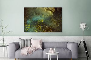 OneMillionCanvasses® - Leinwandbilder - 120x80 cm, Blick auf Glühwürmchen im Wald während einer hellen Nacht, Wandbilder Kunstdruck Wanddekoration - Wanddekorationen - Wohnzimmer