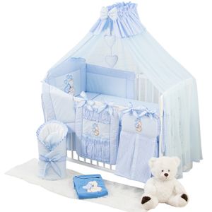 Babybettwäsche Komplettset 16 Teilig für Bettchen in Größe 60x120 aus 100% Baumwolle bestickt mit einem Teddybär mit Herz inkl. Moskitonetz Blau
