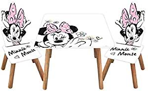 3tlg. Minnie Maus Holz-Kindersitzgruppe Tisch + 2X Stuhl Sitzgruppe im Retro-Stil Kindertisch Maltisch Minnie Mouse