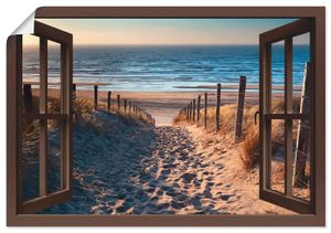 Olha Rohulya: Fensterblick - Weg zum Nordseestrand in Gold Sonnenuntergang Sonnenschein, Nordholland, Niederlande, Produkt:Poster, Größe (HxB):70x100 cm / Poster