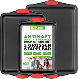 NutriChef Backbleche Set 3-Teilig – Antihaftbeschichtetes Backformen Set aus Edelstahl bis 230°C – Stapelbare Ofenbleche Spülmaschinenfest