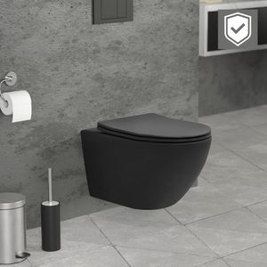 ECD Germany Závesné WC bez ráfika s nano povrchovou úpravou, čierne matné, dlhé