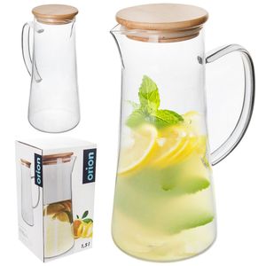 Orion Krug Glaskanne Glaskrug mit Bambusholzdeckel Henkel für heiße kalte Getränke Wasser Limonade Saft Kaffee Tee Glühwein 1,5 l