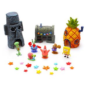 9 × Aquarium Greening Cartoon Dekoration， SpongeBob Spielzeug, Krabbenschloss König Restaurant + Ananas Haus + Oktopus Bruder Haus
