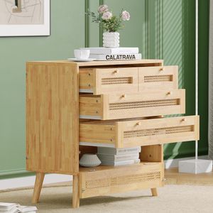 Klassische Kommode, Schrank mit 3 Schubladen, mit Rattan-Schubladenplatte, mit unterem Flip-Top-Deckel, mit goldfarbenem Metallgriff und Holzbeine