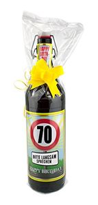 Geburtstag 70 Jahre - Herzlichen Glückwunsch - 1 Liter Flasche Bier in Folie mit Schleife