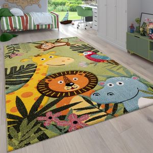Kinderzimmer Kinderteppich für Jungen mit Tier u. Dschungel Motiven Kurzflor Grösse 120x170 cm