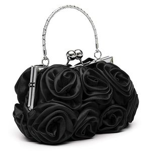 Damenmode Rose Blumenmuster Clutch Bag Abendgesellschaft Braut Handtasche Schwarz