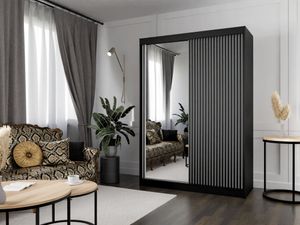 MEBLITO Kleiderschrank Schlafzimmer Elliot Kleiderschrank mit Spiegel 120x215x61 cm Garderobe (schwarz - weiß) + Lamellen (schwarz)