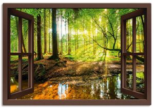 ARTland Leinwandbild Fensterblick - Wald mit Bach Größe: 130x90 cm