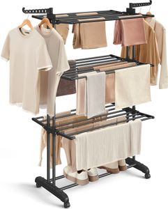 SONGMICS Wäscheständer, Standtrockner 4 Ebenen, mit Rollen, 63,5 x 128 x 173 cm, Tintenschwarz