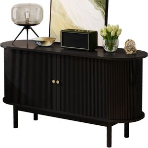 Sideboard Retro Kommodenschrank Esszimmerschrank mit Schiebetüren, Metallgriffen, Verstellbaren Einlegeböden, Schwarz