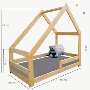 NeedSleep Kinderbett Hausbett mit  Rausfallschutz 90x180 cm Bodenbett aus Holz  Asymmetrisch, ohne Schornstein
