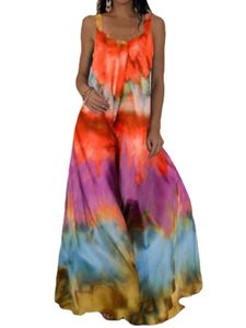 Damen ärmelloses Langkleid Feiertag Krawatte Dye Maxi Kleider lässig floraldrucks Sommerstrand Sund.,Farbe:Orange,Größe:5xl