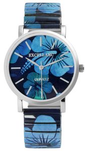 Excellanc Motiv Damen Armband Uhr Blau Schwarz Blumen Muster Analog Zugband Stretch