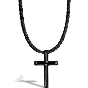 SERASAR | Leder Collier für Männer [Cross] mit schwarzem Edelstahl Anhänger | Farbe: Schwarz | Länge: 50cm