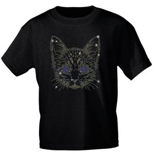 T-Shirt mit Strasssteinen Glitzer-Stein-Applikation - Katze Cat - 88304 schwarz Gr. S-3XL Größe - L