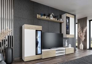 FURNIX Mediawand TINNA Wohnwand 4-tlg. mit TV-Schrank, Vitrine, Highboard, Regal für Wohnzimmer modern 235 cm Eiche Sonoma/Weiß