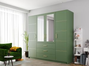 Mirjan24 Kleiderschrank Tytus D4 II, Drehtürenschrank, Garderobenschrank mit Spiegel, Schlafzimmer Garderobe (Farbe: Flaschengrün + Gold)